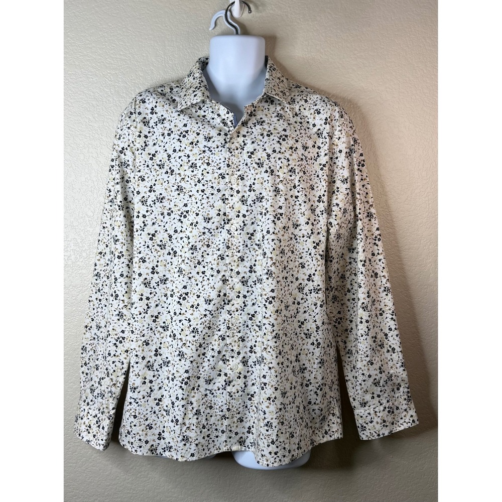 Bar III Mens XL Button Down Shirt White Floral Slim Fit Stretch Long Sleeve